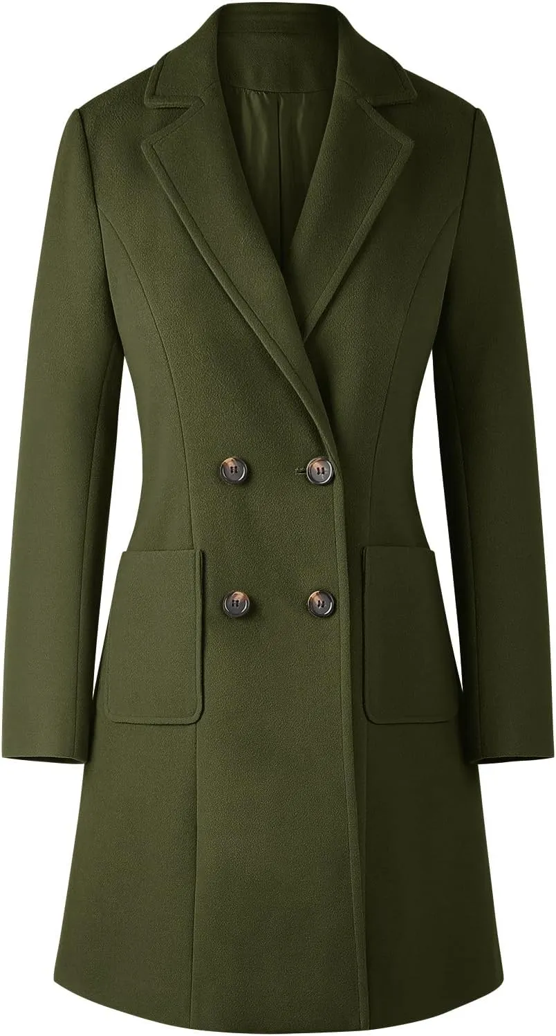 CHICZONE Women's Notch Lapel Double Breasted Mid Long Pea Coat Wool Blend Overcoat Winter Outwear