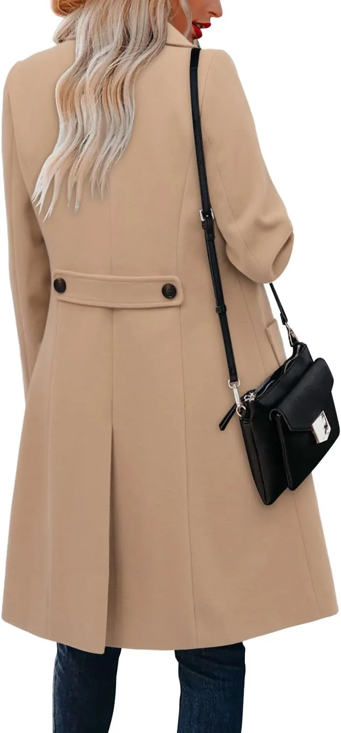 CHICZONE Women's Notch Lapel Double Breasted Mid Long Pea Coat Wool Blend Overcoat Winter Outwear
