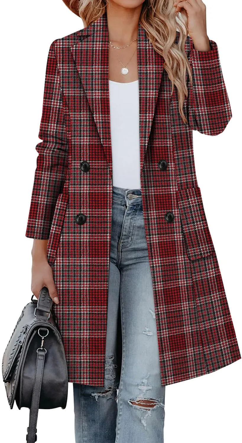 CHICZONE Women's Notch Lapel Double Breasted Mid Long Pea Coat Wool Blend Overcoat Winter Outwear