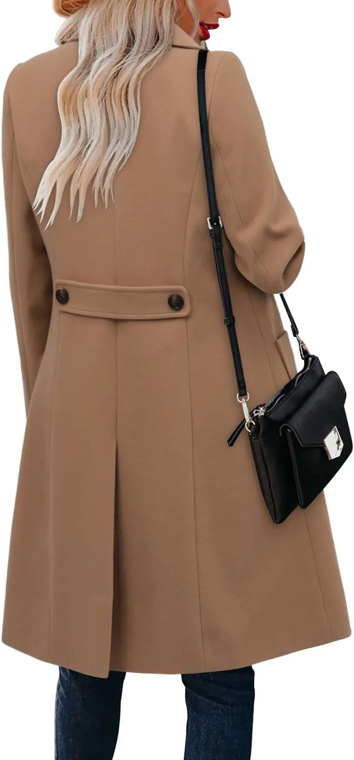 CHICZONE Women's Notch Lapel Double Breasted Mid Long Pea Coat Wool Blend Overcoat Winter Outwear