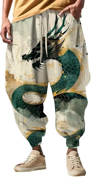 Chinese Style Hip Hop Harem Pants for Men Baggy All Over Print Joggers Sweatpants Tapered Yoga Drop Crotch Trousers