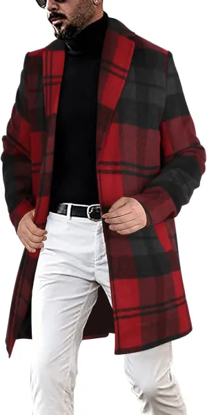 chouyatou Men's Casual Notched Collar Plaid Single Breasted Wool Blend Formal Trench Top Coat