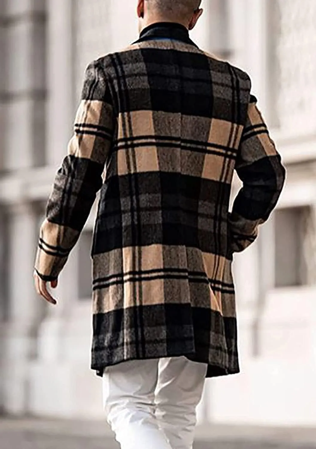 chouyatou Men's Casual Notched Collar Plaid Single Breasted Wool Blend Formal Trench Top Coat