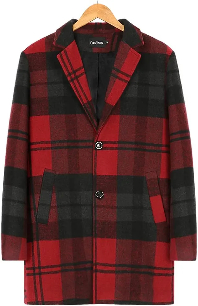chouyatou Men's Casual Notched Collar Plaid Single Breasted Wool Blend Formal Trench Top Coat