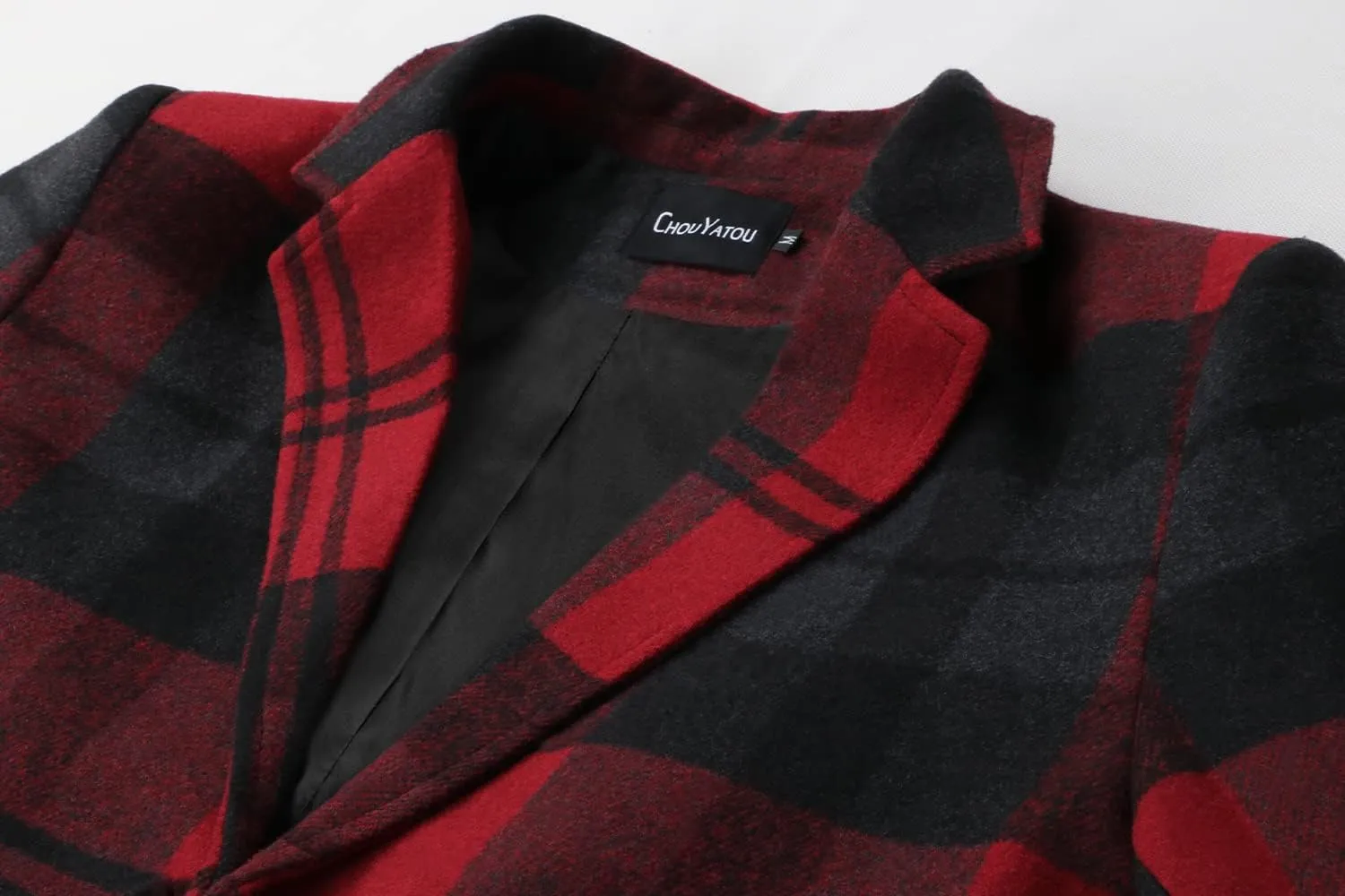 chouyatou Men's Casual Notched Collar Plaid Single Breasted Wool Blend Formal Trench Top Coat
