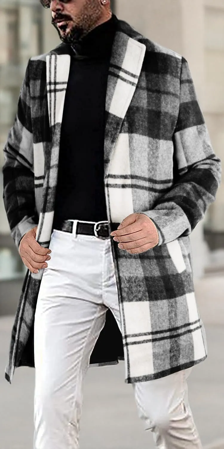 chouyatou Men's Casual Notched Collar Plaid Single Breasted Wool Blend Formal Trench Top Coat