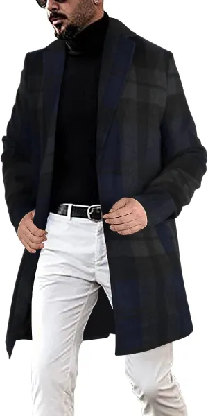 chouyatou Men's Casual Notched Collar Plaid Single Breasted Wool Blend Formal Trench Top Coat