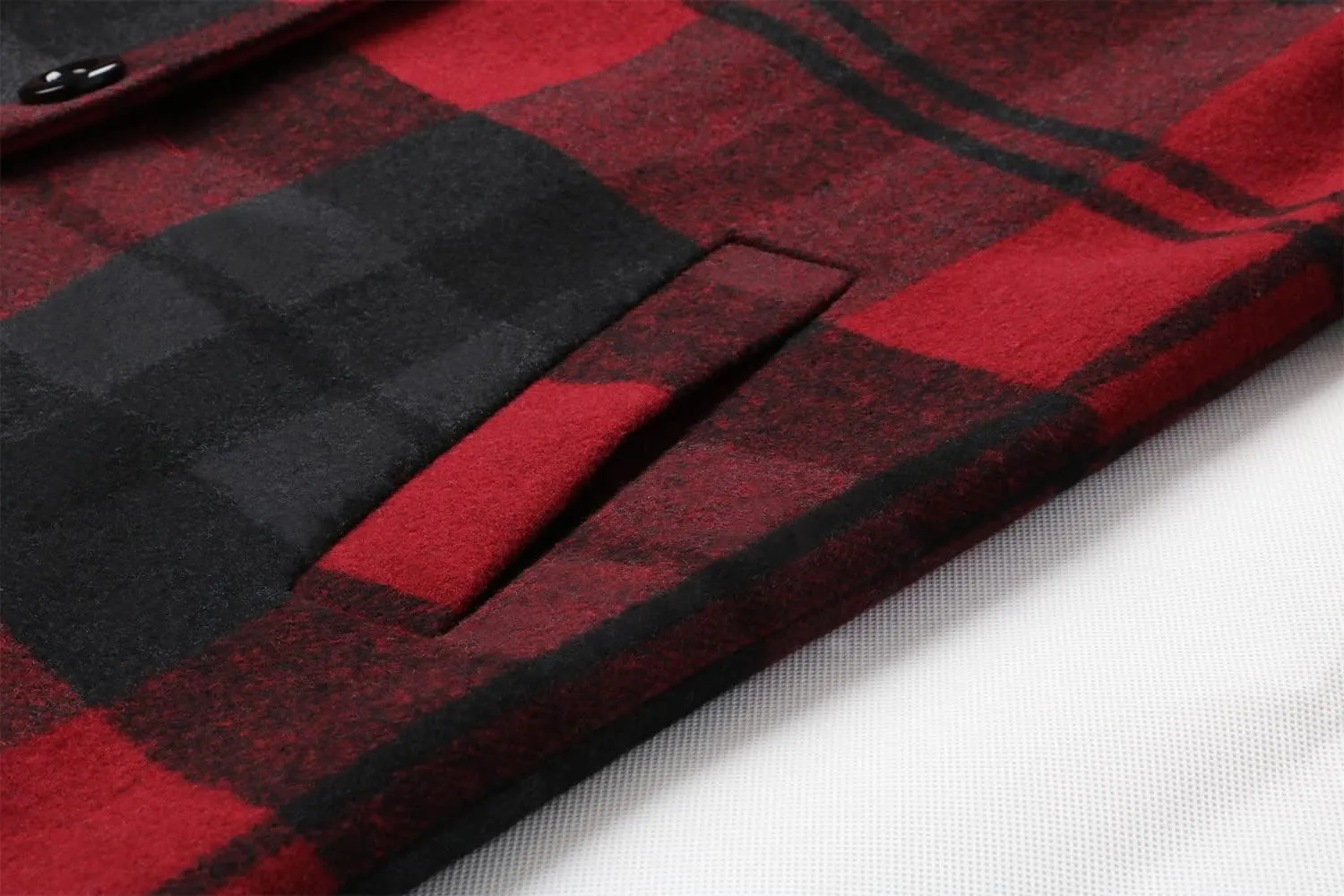 chouyatou Men's Casual Notched Collar Plaid Single Breasted Wool Blend Formal Trench Top Coat