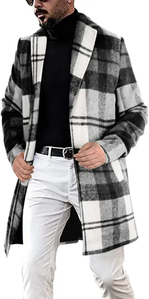 chouyatou Men's Casual Notched Collar Plaid Single Breasted Wool Blend Formal Trench Top Coat