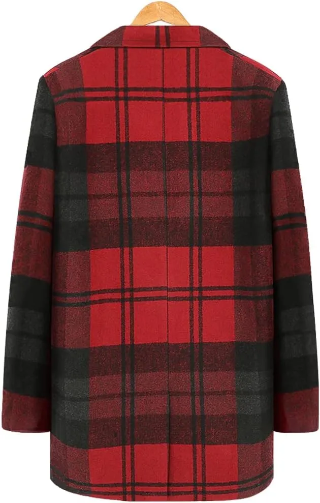 chouyatou Men's Casual Notched Collar Plaid Single Breasted Wool Blend Formal Trench Top Coat