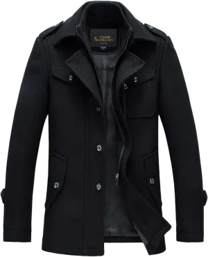 chouyatou Men's Stand Collar Wool-Blend Classic Pea Coat with Removable Inner Collar