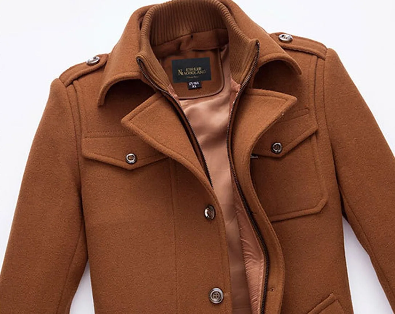 chouyatou Men's Stand Collar Wool-Blend Classic Pea Coat with Removable Inner Collar