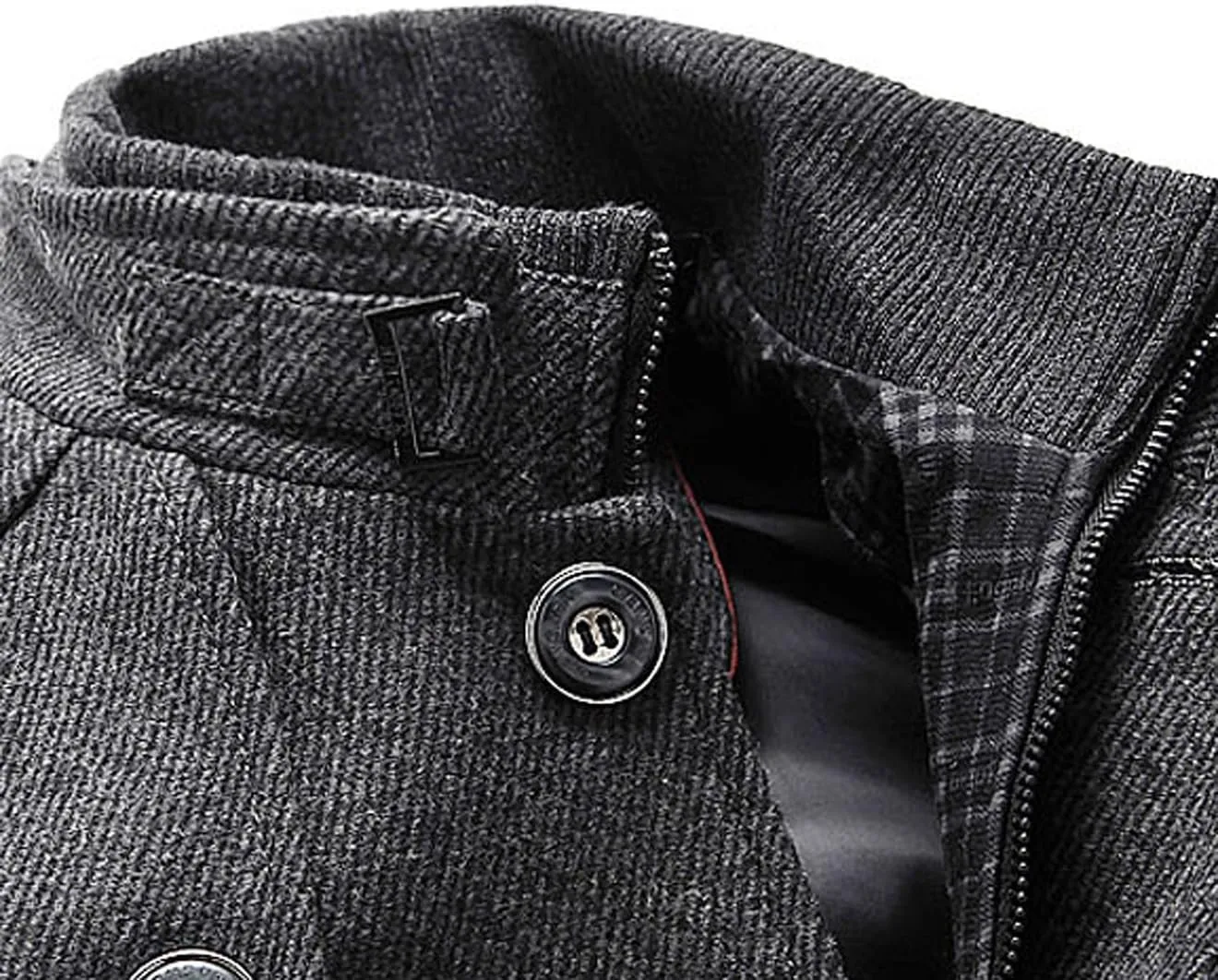 chouyatou Men's Stand Collar Wool-Blend Classic Pea Coat with Removable Inner Collar