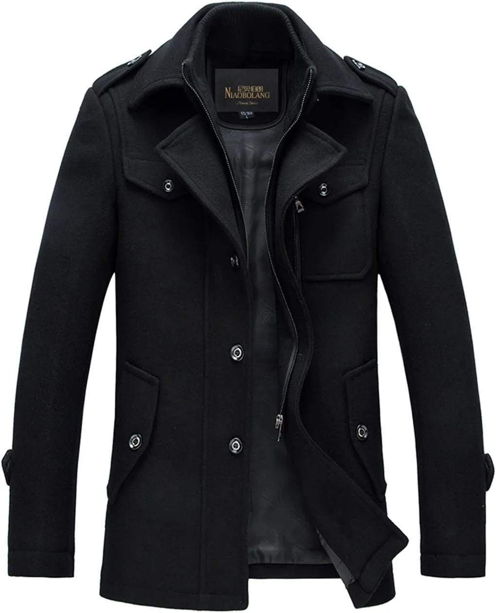 chouyatou Men's Stand Collar Wool-Blend Classic Pea Coat with Removable Inner Collar