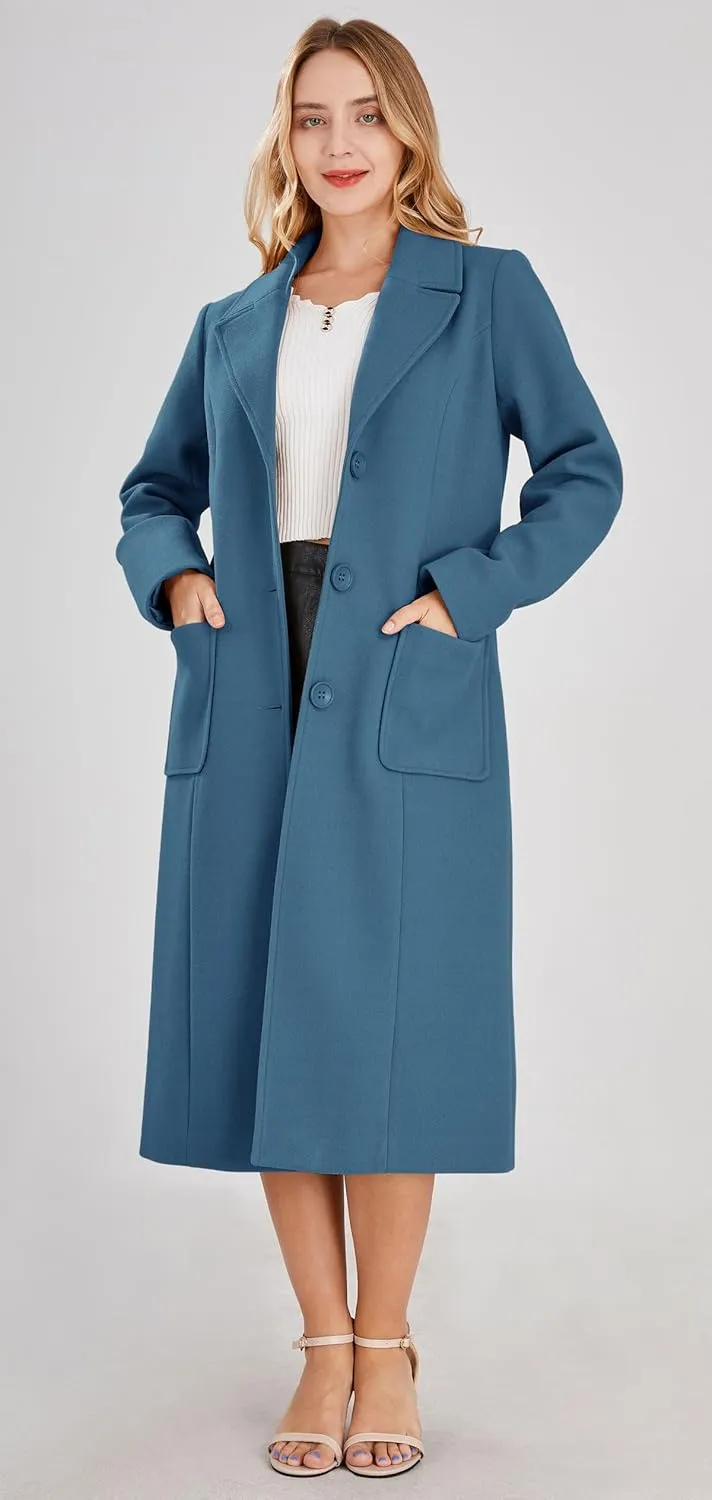 chouyatou Women's Big Notch Lapel Single Breasted Mid-Long Wool Blend Coat