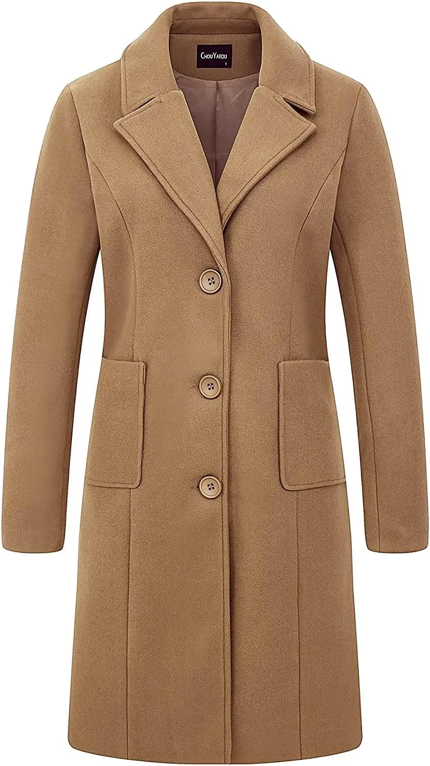 chouyatou Women's Big Notch Lapel Single Breasted Mid-Long Wool Blend Coat