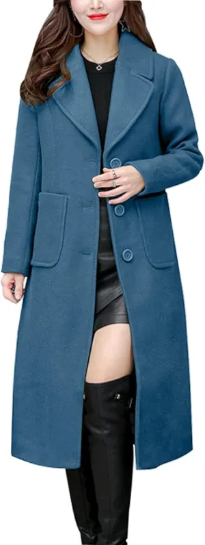 chouyatou Women's Big Notch Lapel Single Breasted Mid-Long Wool Blend Coat