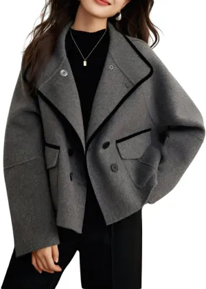 chouyatou Women's Casual Business Wool Blend Trench Coat Loose Double Breasted Blazer Jacket Pea Coat