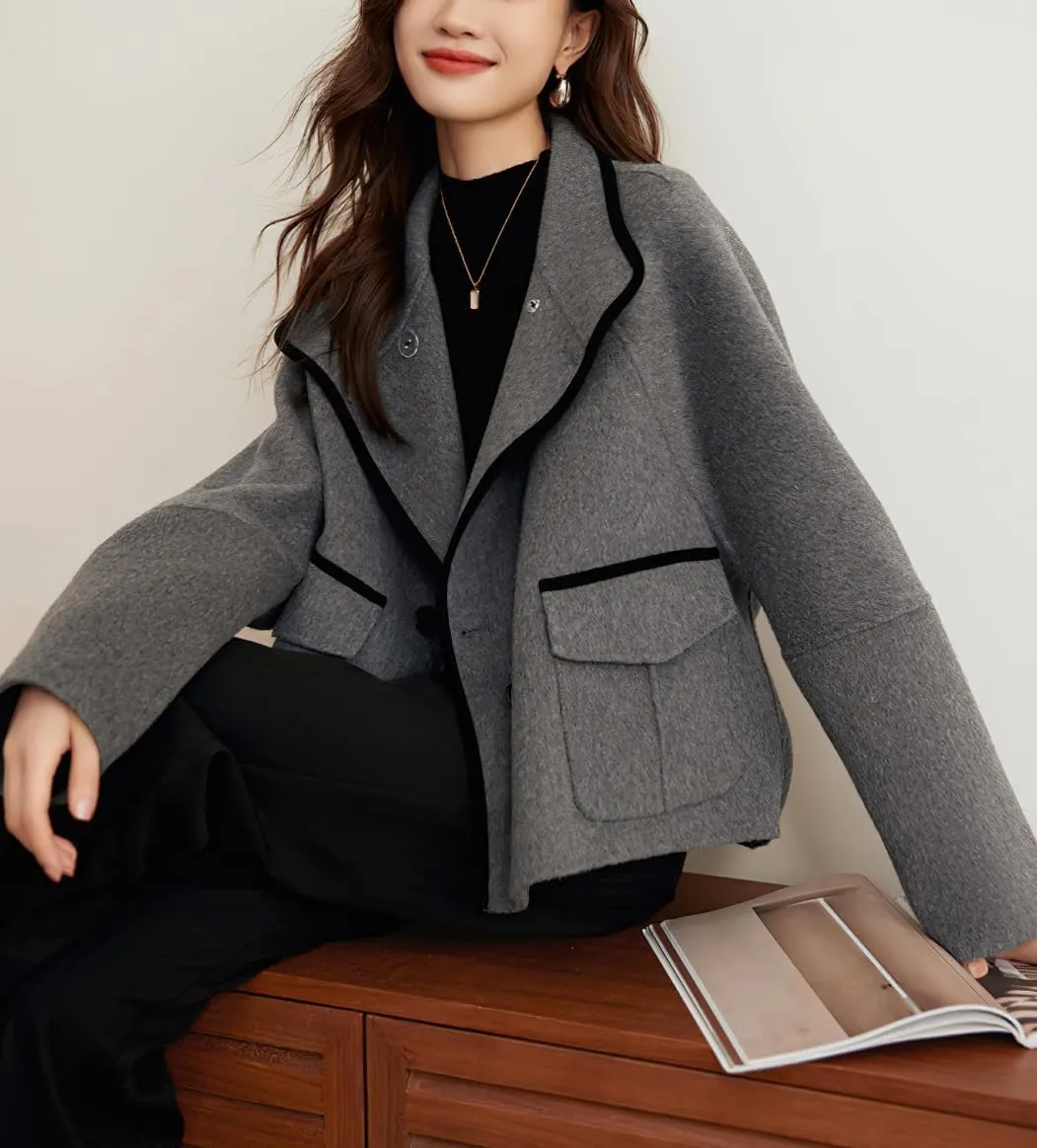 chouyatou Women's Casual Business Wool Blend Trench Coat Loose Double Breasted Blazer Jacket Pea Coat