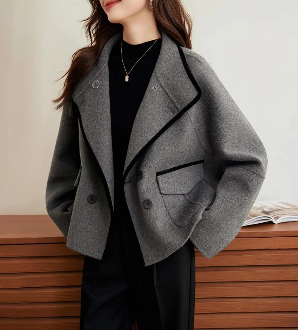 chouyatou Women's Casual Business Wool Blend Trench Coat Loose Double Breasted Blazer Jacket Pea Coat