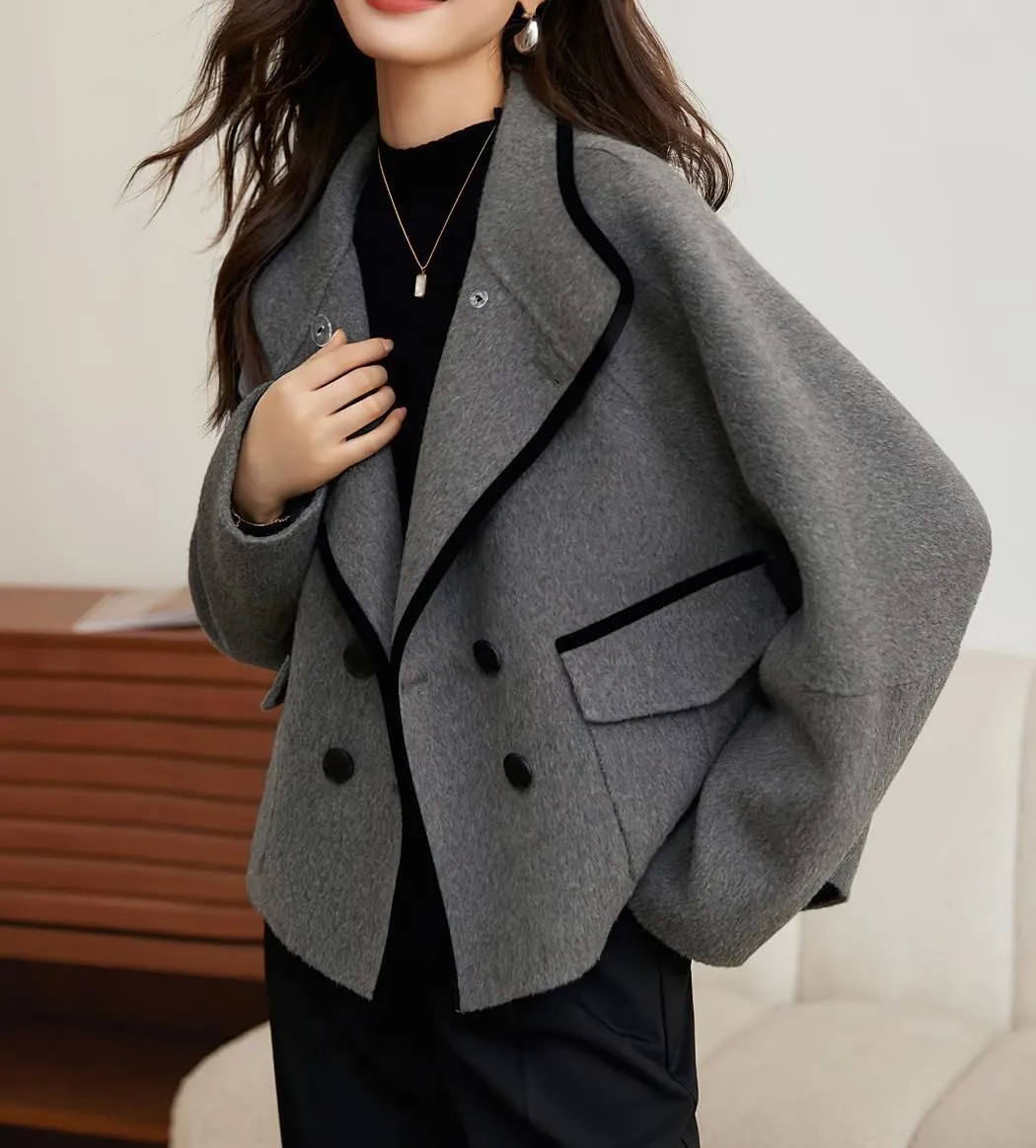 chouyatou Women's Casual Business Wool Blend Trench Coat Loose Double Breasted Blazer Jacket Pea Coat