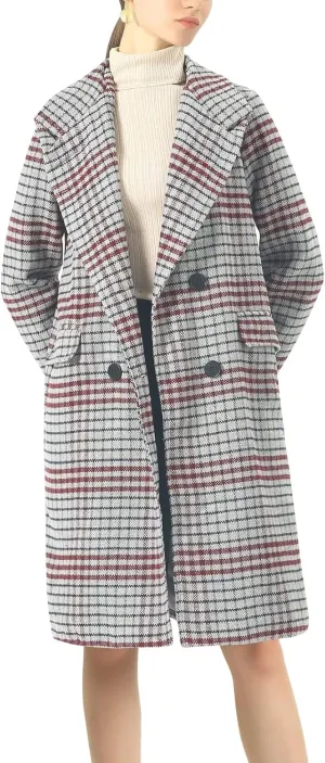 chouyatou Women's Classic Notched Collar Double Breasted Plaid Wool Blend Long Trench Coat