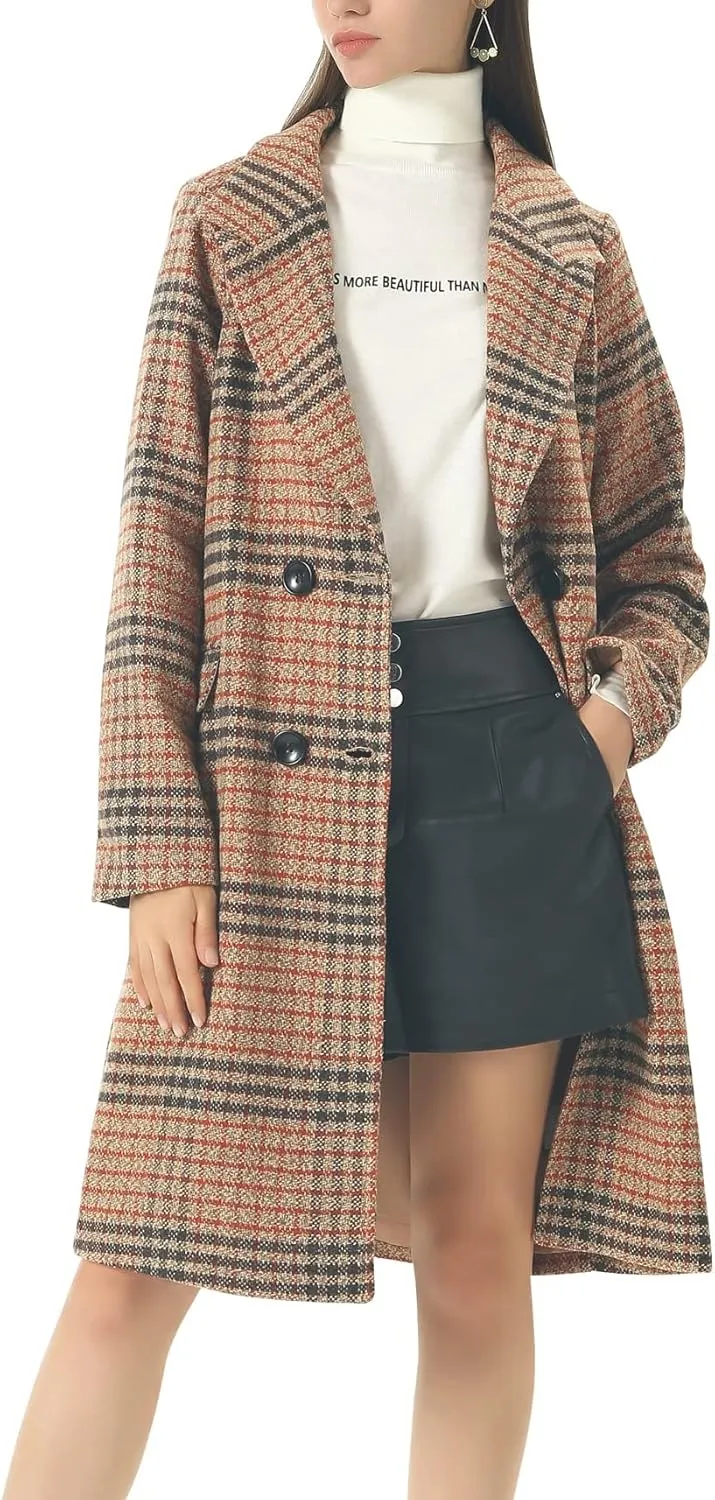 chouyatou Women's Classic Notched Collar Double Breasted Plaid Wool Blend Long Trench Coat