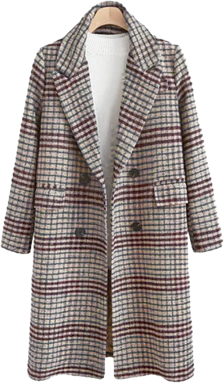 chouyatou Women's Classic Notched Collar Double Breasted Plaid Wool Blend Long Trench Coat