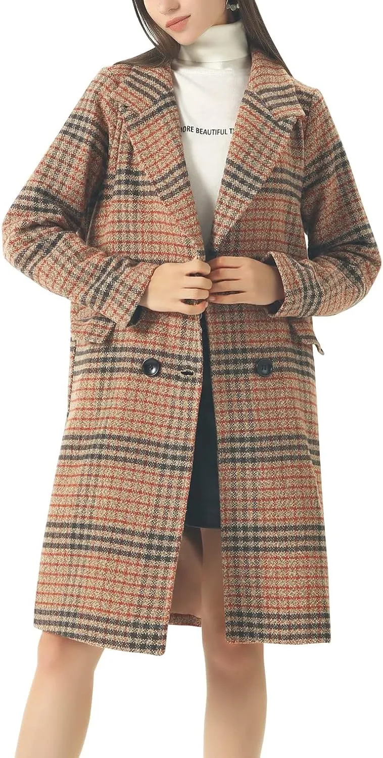 chouyatou Women's Classic Notched Collar Double Breasted Plaid Wool Blend Long Trench Coat