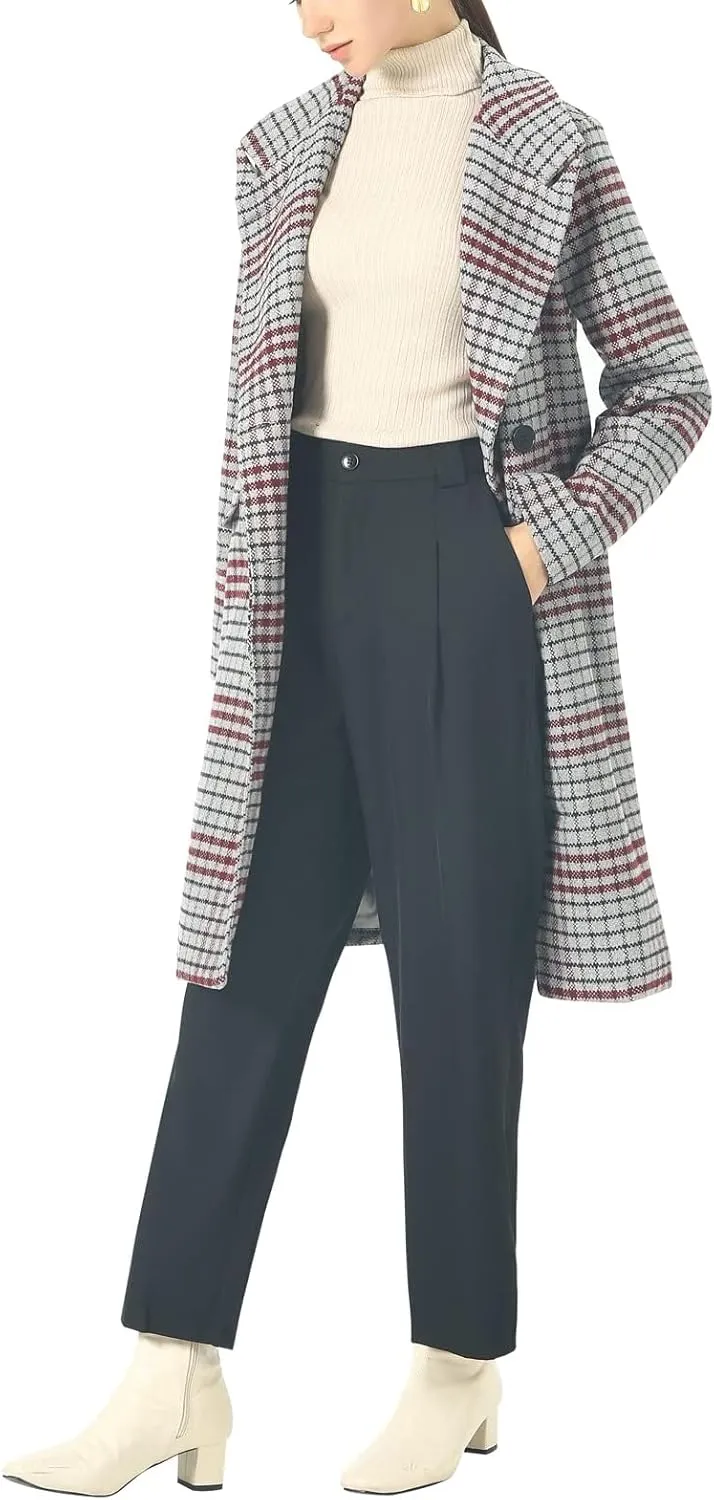chouyatou Women's Classic Notched Collar Double Breasted Plaid Wool Blend Long Trench Coat