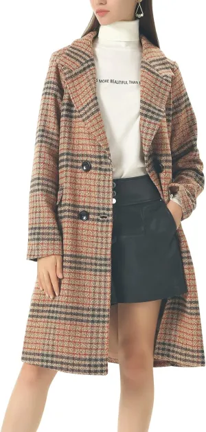 chouyatou Women's Classic Notched Collar Double Breasted Plaid Wool Blend Long Trench Coat