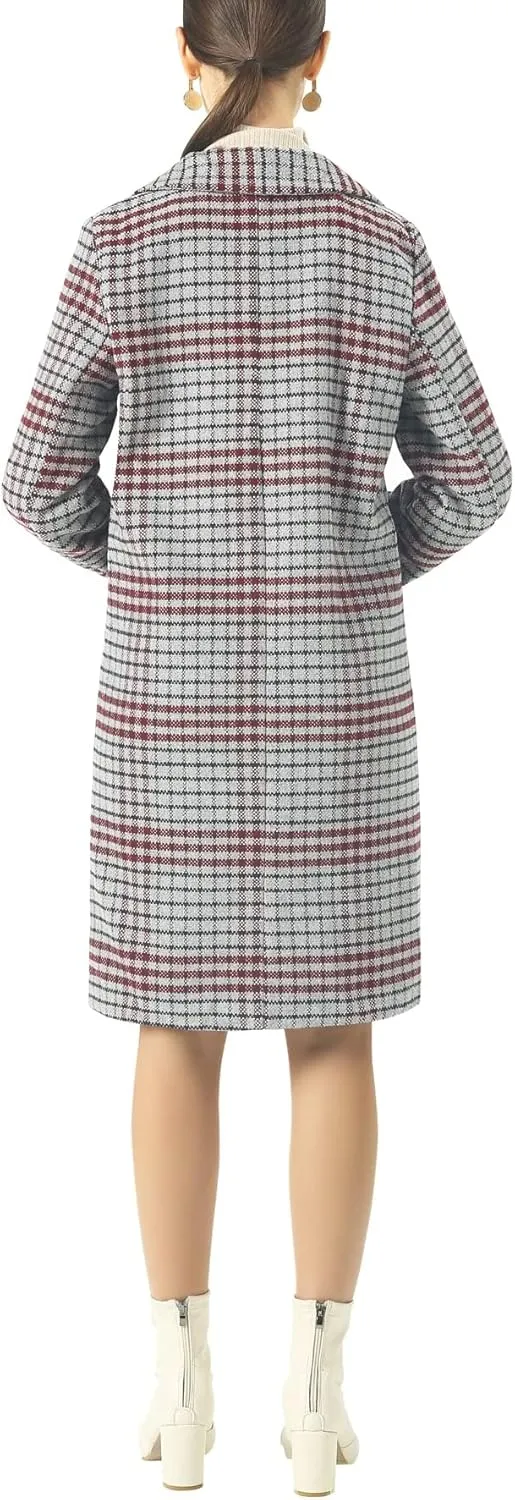 chouyatou Women's Classic Notched Collar Double Breasted Plaid Wool Blend Long Trench Coat