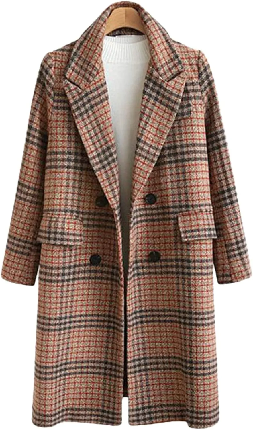 chouyatou Women's Classic Notched Collar Double Breasted Plaid Wool Blend Long Trench Coat
