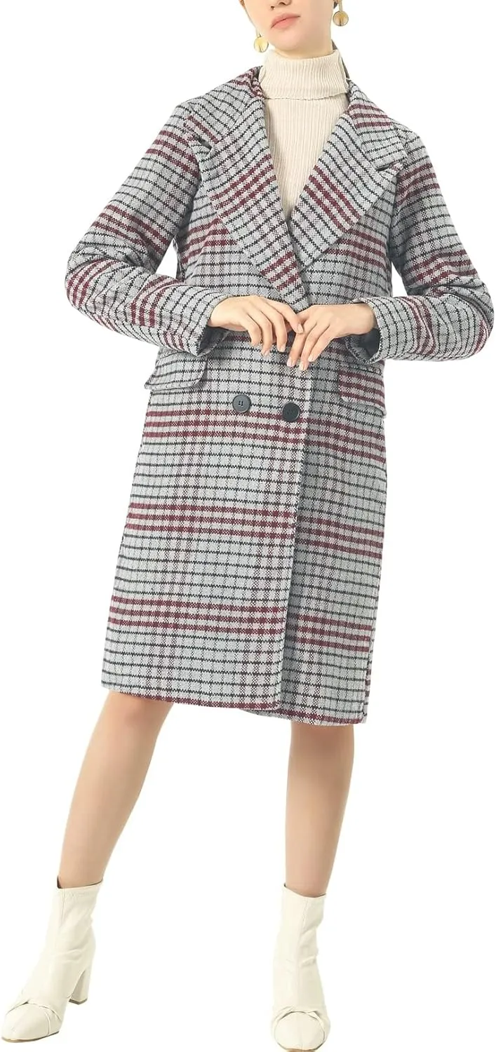 chouyatou Women's Classic Notched Collar Double Breasted Plaid Wool Blend Long Trench Coat