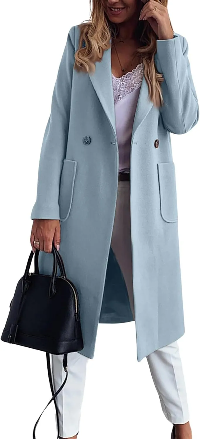chouyatou Women's Double Breasted Winter Wool Pea Coat Midi Long Warm Wool Blend Trench Coat