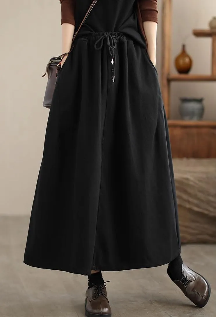 chouyatou Women's Elastic Waist Pleated Wool Skirt A-Line Wool Blend Midi Long Skirt with Pockets