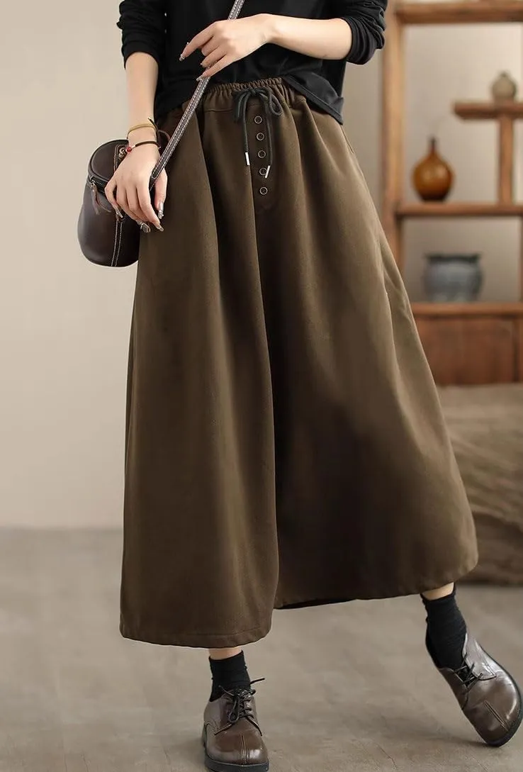 chouyatou Women's Elastic Waist Pleated Wool Skirt A-Line Wool Blend Midi Long Skirt with Pockets