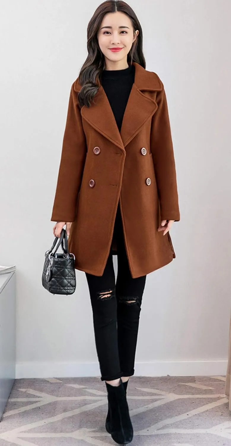 chouyatou Women's Elegant Lapel Collar Double Breasted Wool Blend Pea Coat with Belt