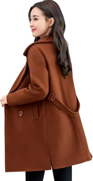 chouyatou Women's Elegant Lapel Collar Double Breasted Wool Blend Pea Coat with Belt