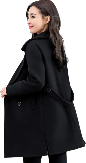 chouyatou Women's Elegant Lapel Collar Double Breasted Wool Blend Pea Coat with Belt