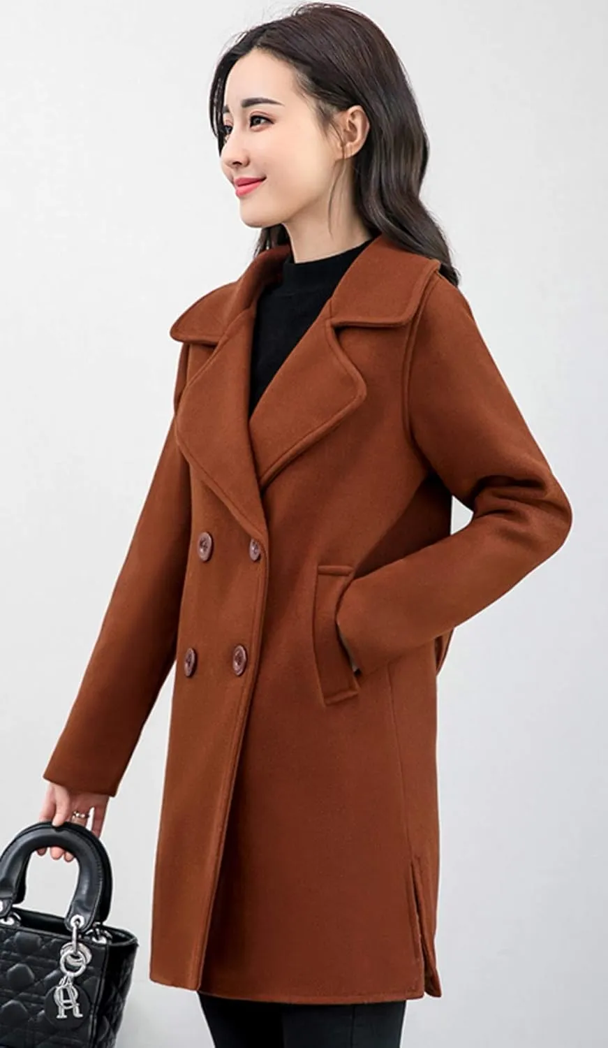 chouyatou Women's Elegant Lapel Collar Double Breasted Wool Blend Pea Coat with Belt