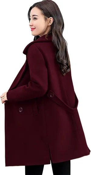 chouyatou Women's Elegant Lapel Collar Double Breasted Wool Blend Pea Coat with Belt