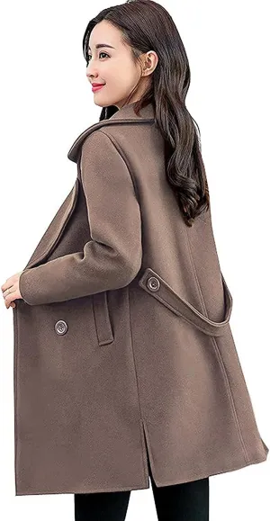 chouyatou Women's Elegant Lapel Collar Double Breasted Wool Blend Pea Coat with Belt