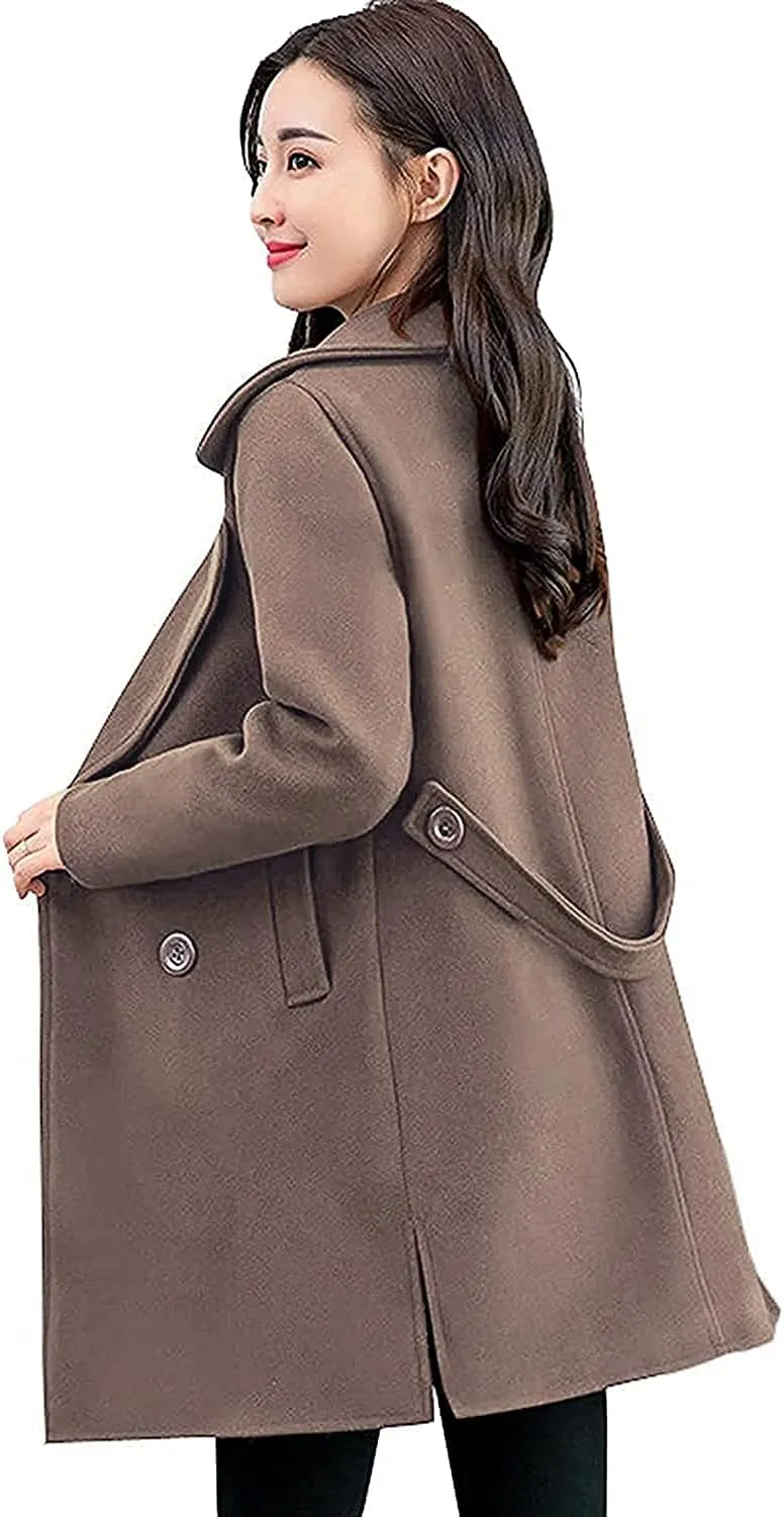 chouyatou Women's Elegant Lapel Collar Double Breasted Wool Blend Pea Coat with Belt