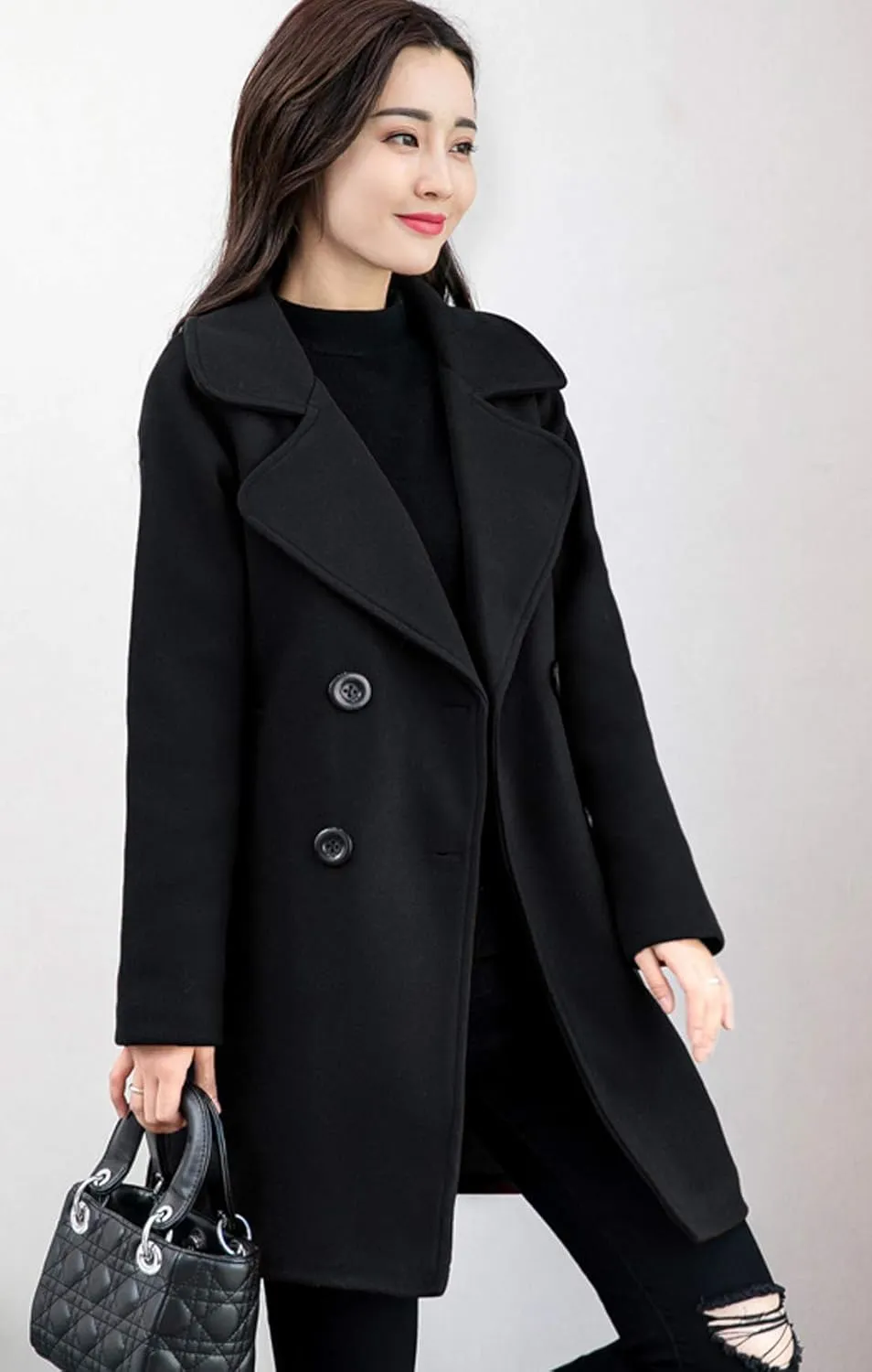 chouyatou Women's Elegant Lapel Collar Double Breasted Wool Blend Pea Coat with Belt