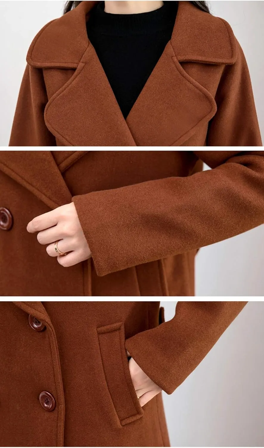 chouyatou Women's Elegant Lapel Collar Double Breasted Wool Blend Pea Coat with Belt