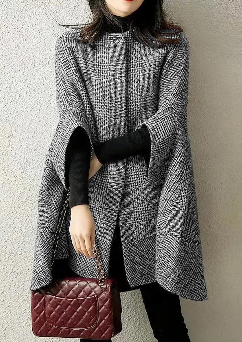 chouyatou Women's Elegant Plaid Poncho Single Breasted Winter Casual Wool Blend Cape Cloak Coat