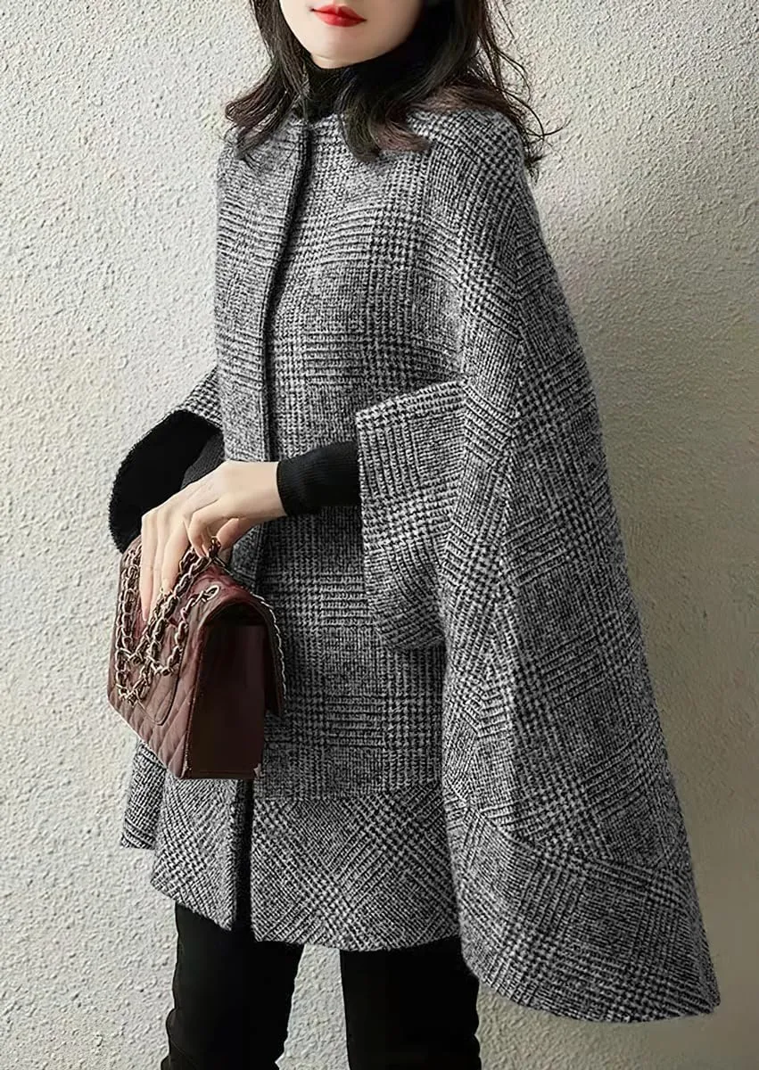 chouyatou Women's Elegant Plaid Poncho Single Breasted Winter Casual Wool Blend Cape Cloak Coat