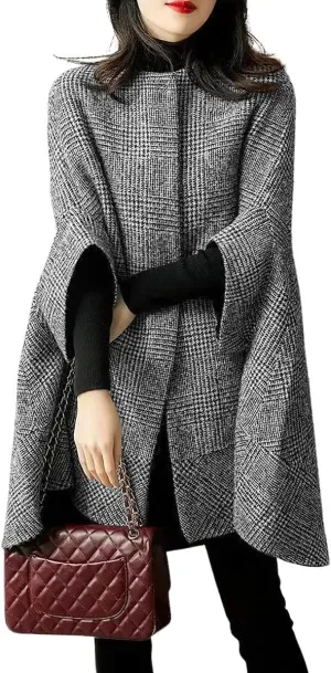 chouyatou Women's Elegant Plaid Poncho Single Breasted Winter Casual Wool Blend Cape Cloak Coat