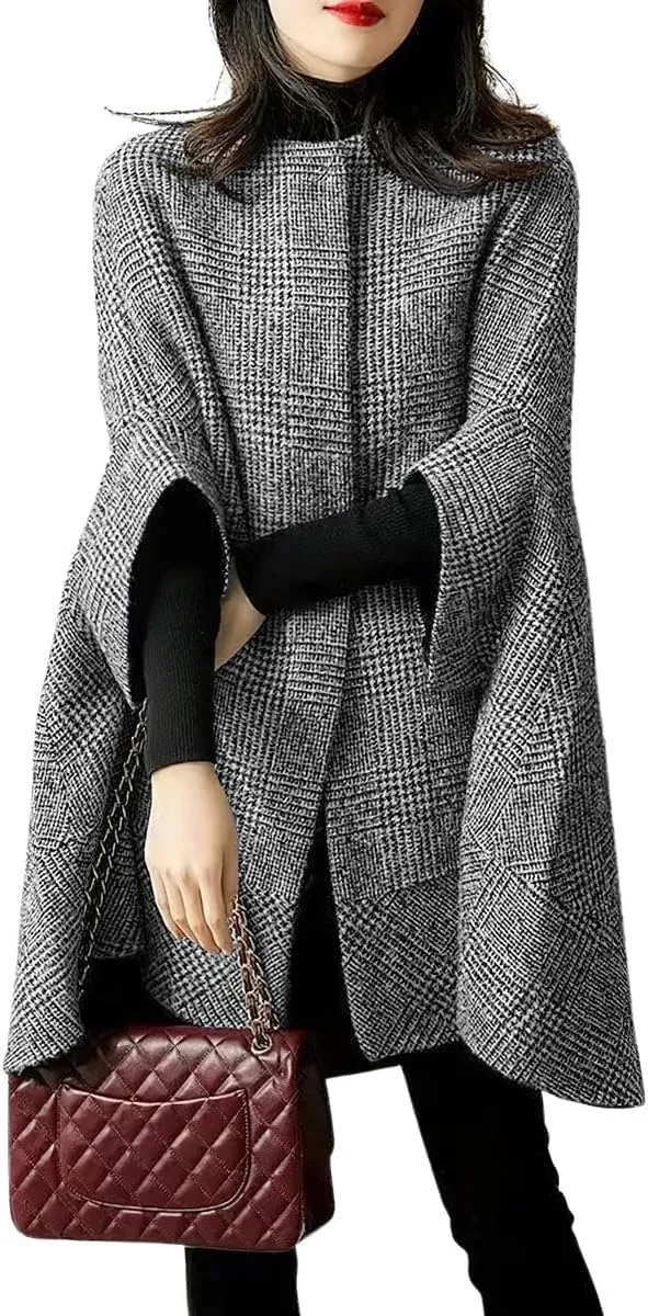 chouyatou Women's Elegant Plaid Poncho Single Breasted Winter Casual Wool Blend Cape Cloak Coat